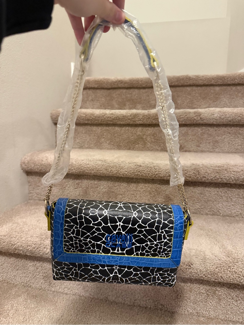 Roberto Cavalli Black & Blue Cracked-Pattern Shoulder Bag